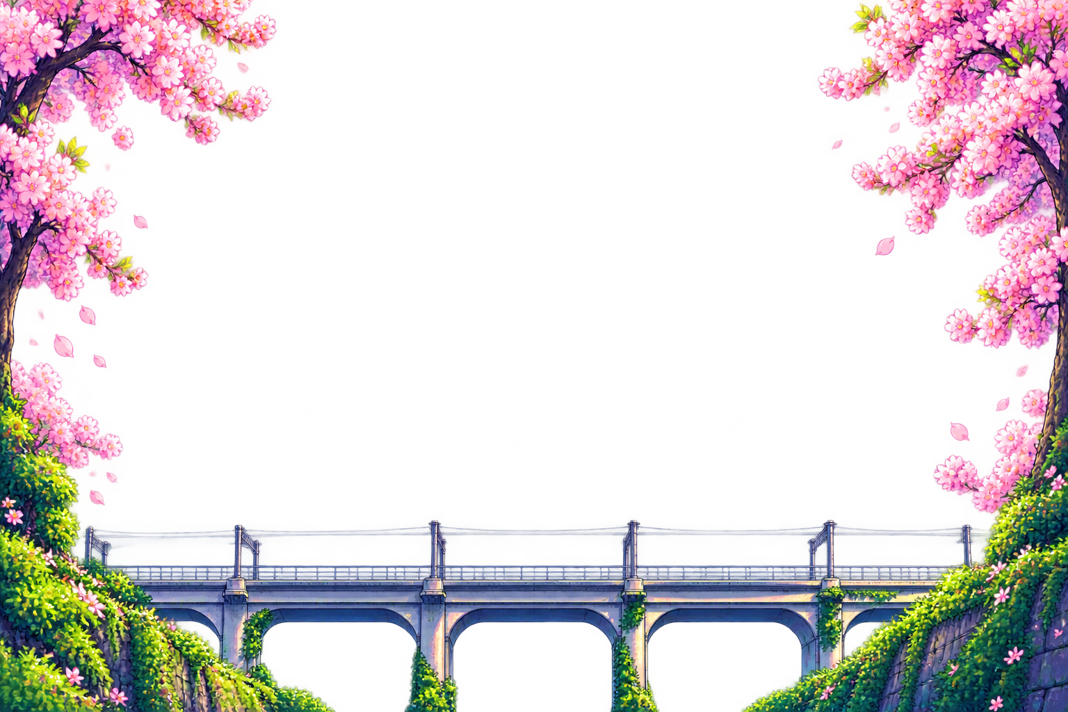 Pink cherry blossom trees framing a grassy railway embankment