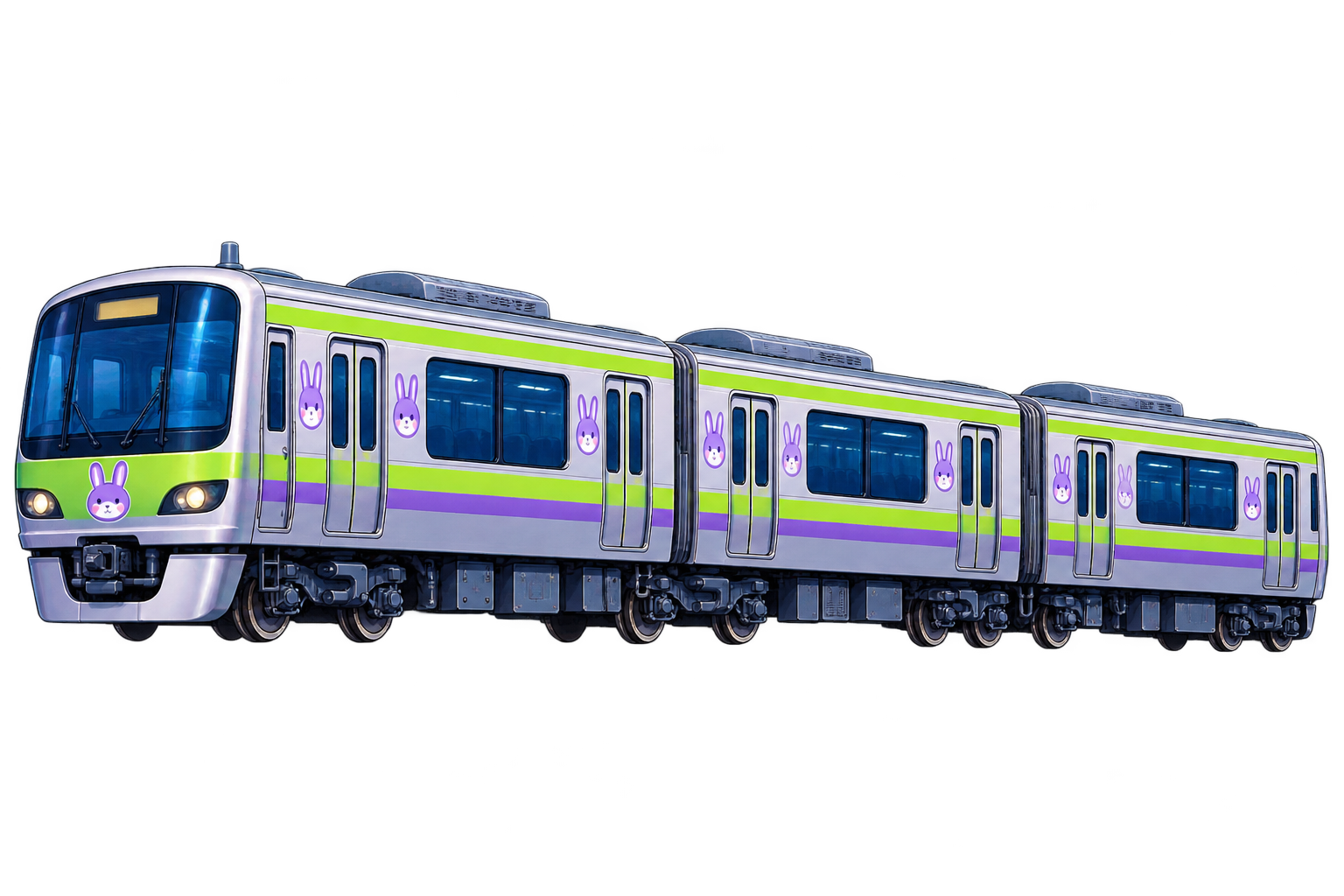 A silver commuter train with lime and purple stripes